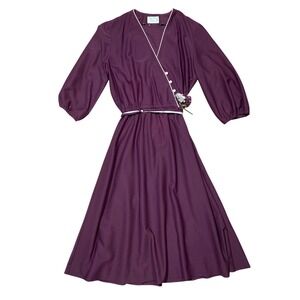 Vintage 60s Lady Carol Petites Dress Purple Midi Faux Wrap Floral Waist